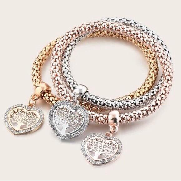‼️ RE-STOCK‼️🌳 Tree of Life -Heart Charm Bangle 3 Piece Bracelet Set NWT - Picture 2 of 14